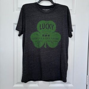 Lucky Brand Graphic T Shirt Mens Medium Gray Green Good Luck St. Patricks Day